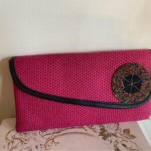 Pink Woven Clutch with Beaded Accent